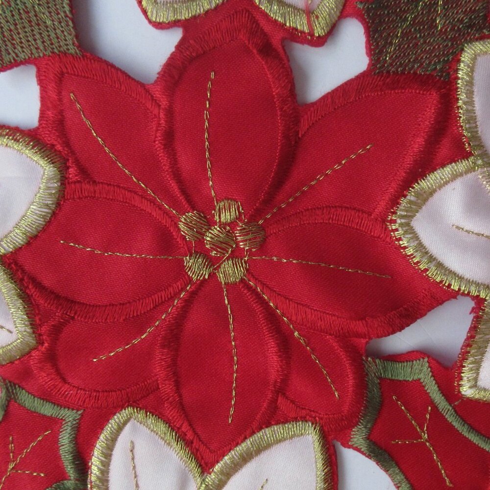 Poinsettia Satin Cut-Out Table Runner Embroidered Christmas 12" x 68" - Picture 4 of 10